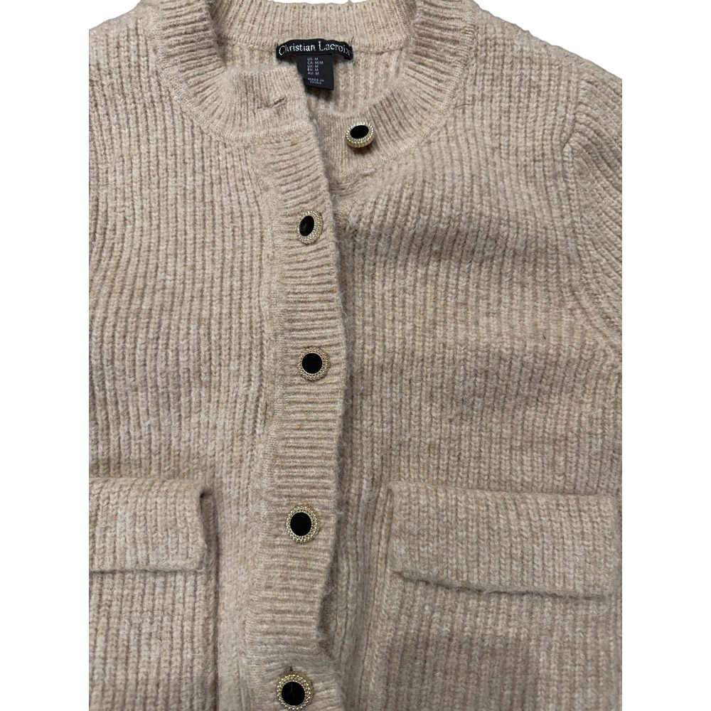 Christian Lacroix Wool Blend Beige Ribbed Knit Cardigan Sweater Size Medium - Picture 3 of 5